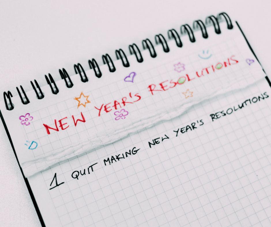 Notepad with New Year's Resolutions heading and No1 Quit.  Fit & Happy show you how to succeed.