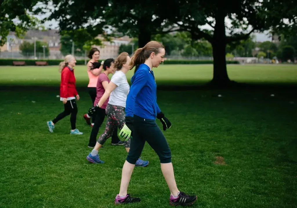 fitandhappy boot camp for women at the meadows. 4 women walking in a row.