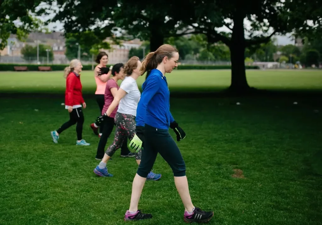 fitandhappy boot camp for women at the meadows. 4 women walking in a row.